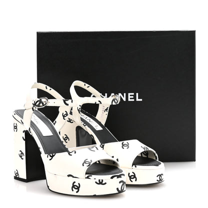 Chanel Printed Lambskin CC Platform Sandals 37 White Black 9 of 9