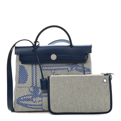 Hermes Vache Hunter Toile H Brides de Gala Herbag Zip Retourne 31 PM Bleu De France Ecru Black 1 of 9