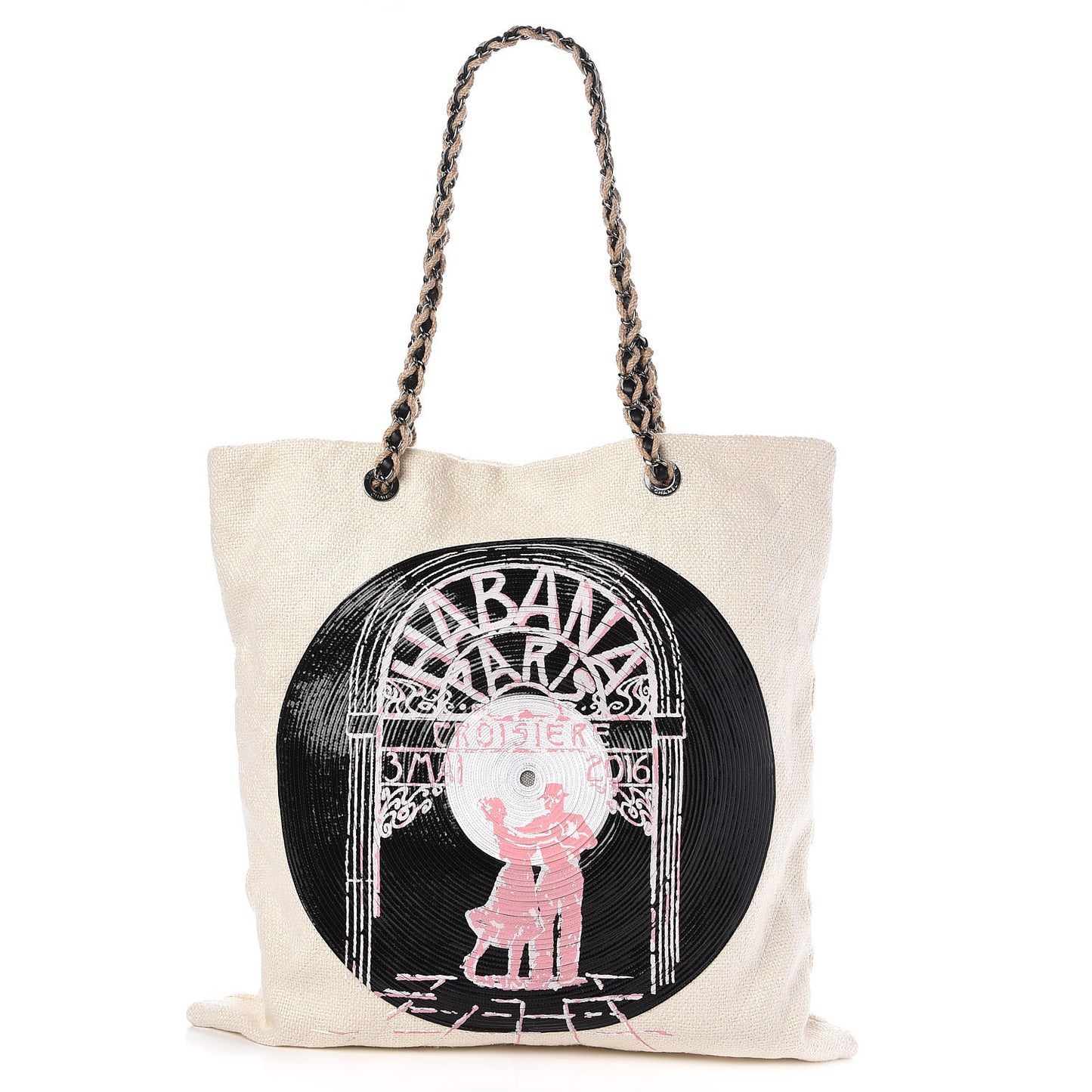 Canvas Embroidered Record Print Large Shopping Tote Ivory Black