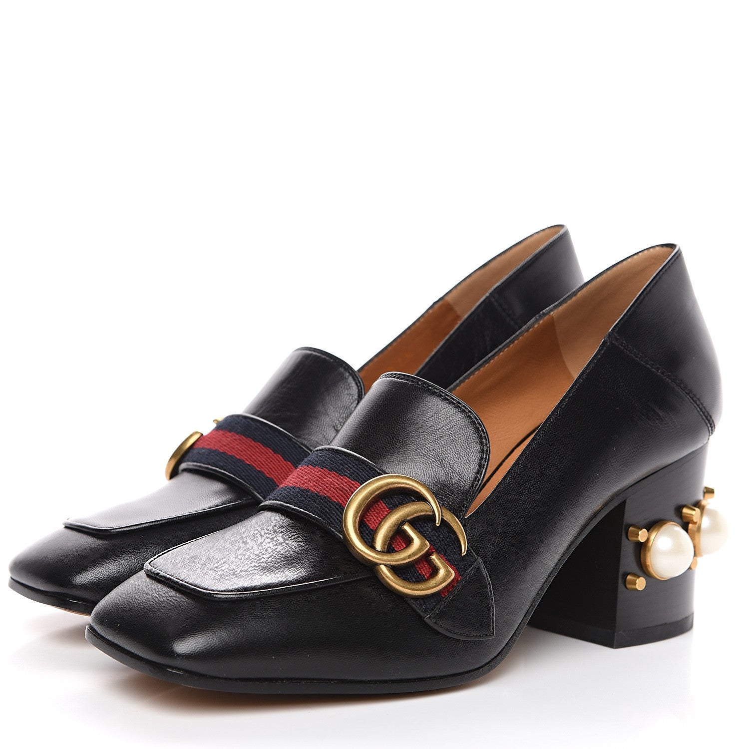 Gucci Malaga Kid Web Pearl Embellished Peyton 75mm Loafer Pumps 36 Black 3 of 9