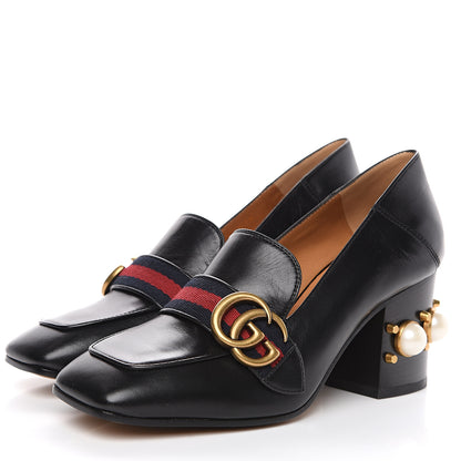 Gucci Malaga Kid Web Pearl Embellished Peyton 75mm Loafer Pumps 36 Black 3 of 9