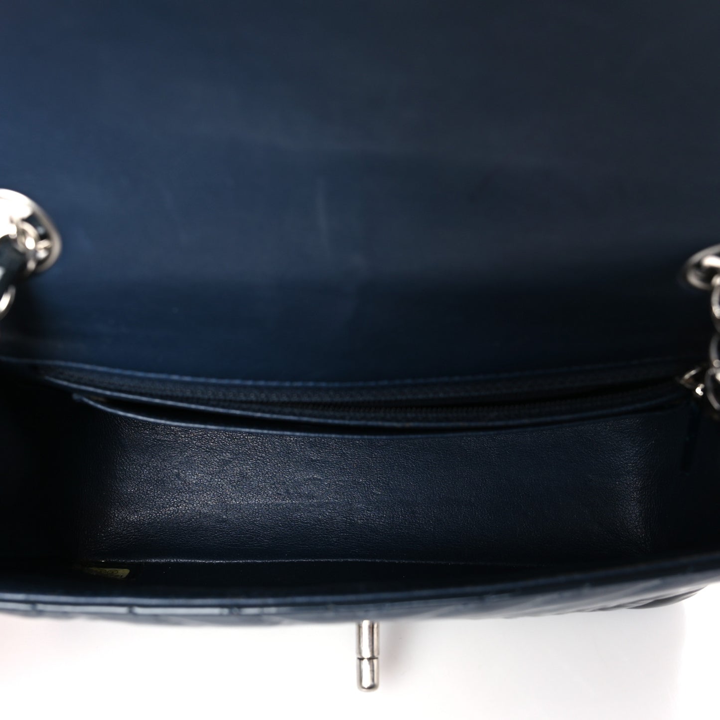 Patent Calfskin Chevron Quilted Mini Rectangular Flap Navy Blue