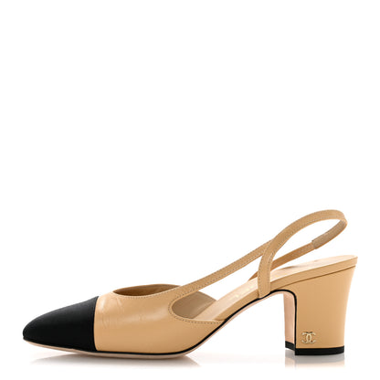 Chanel Goatskin Grosgrain Cap Toe CC Slingback Pumps 38 Beige Black 1 of 10