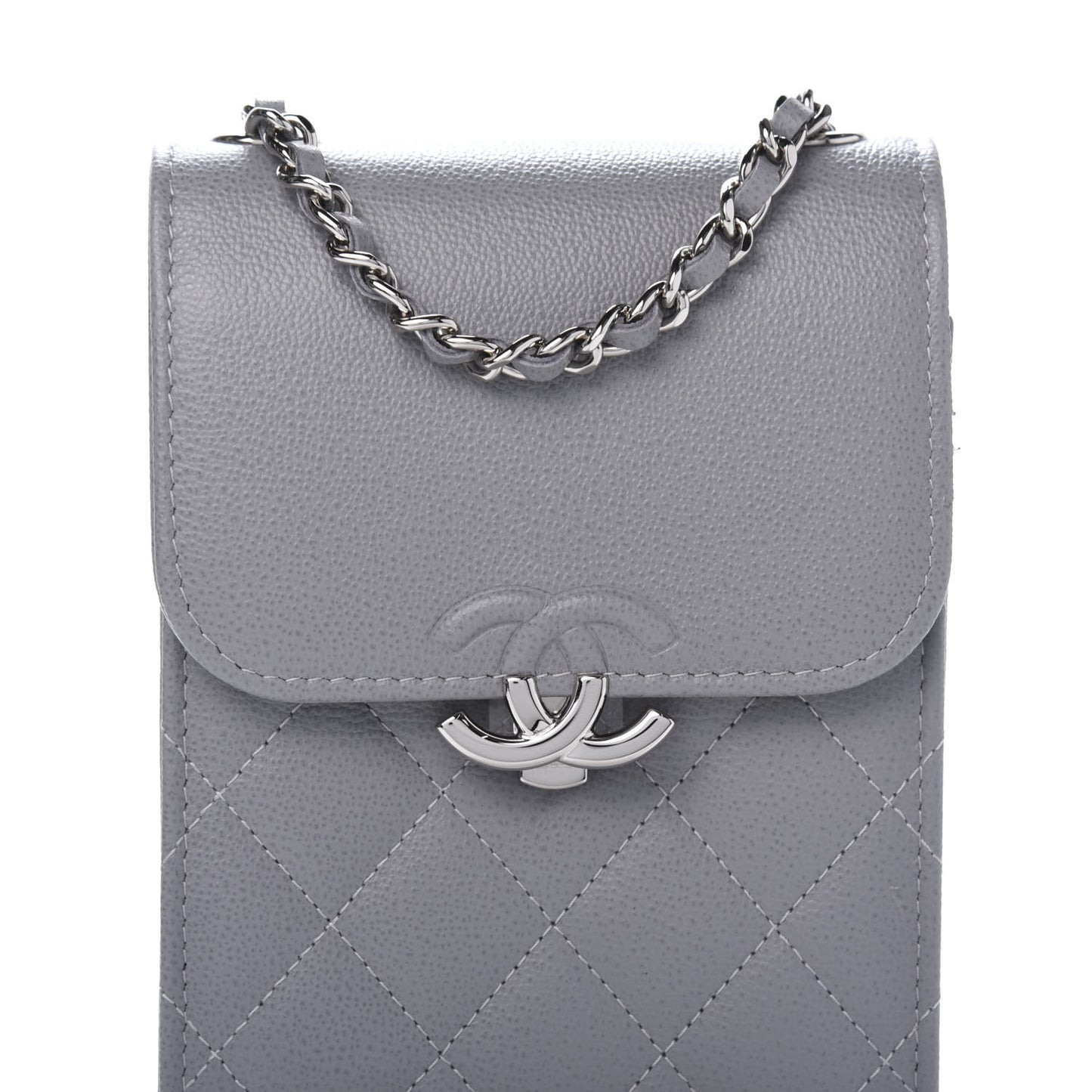 Grained Calfskin Quilted CC Box Clutch With Chain Grey