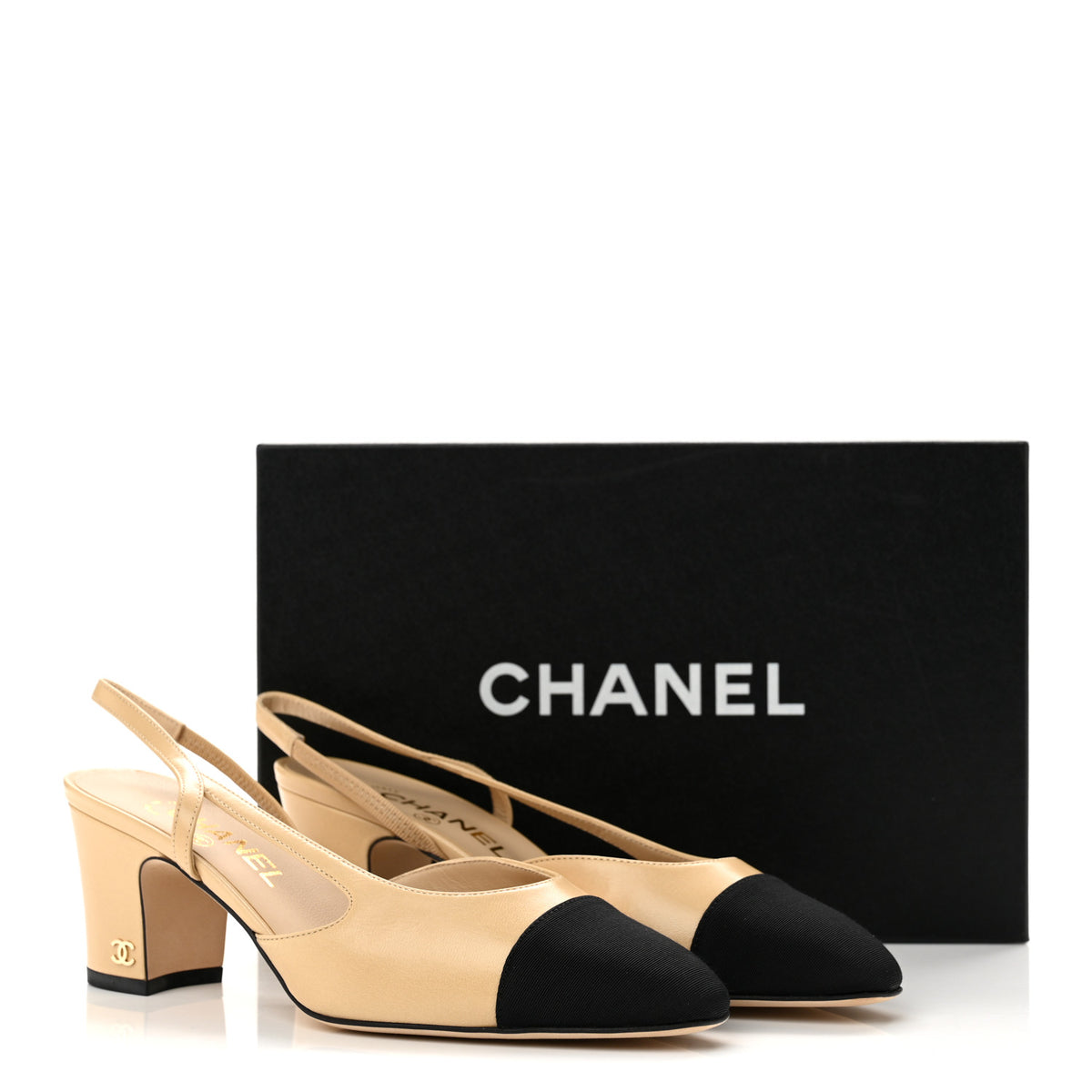 Goatskin Grosgrain Cap Toe CC Slingback Pumps 38 Beige Black