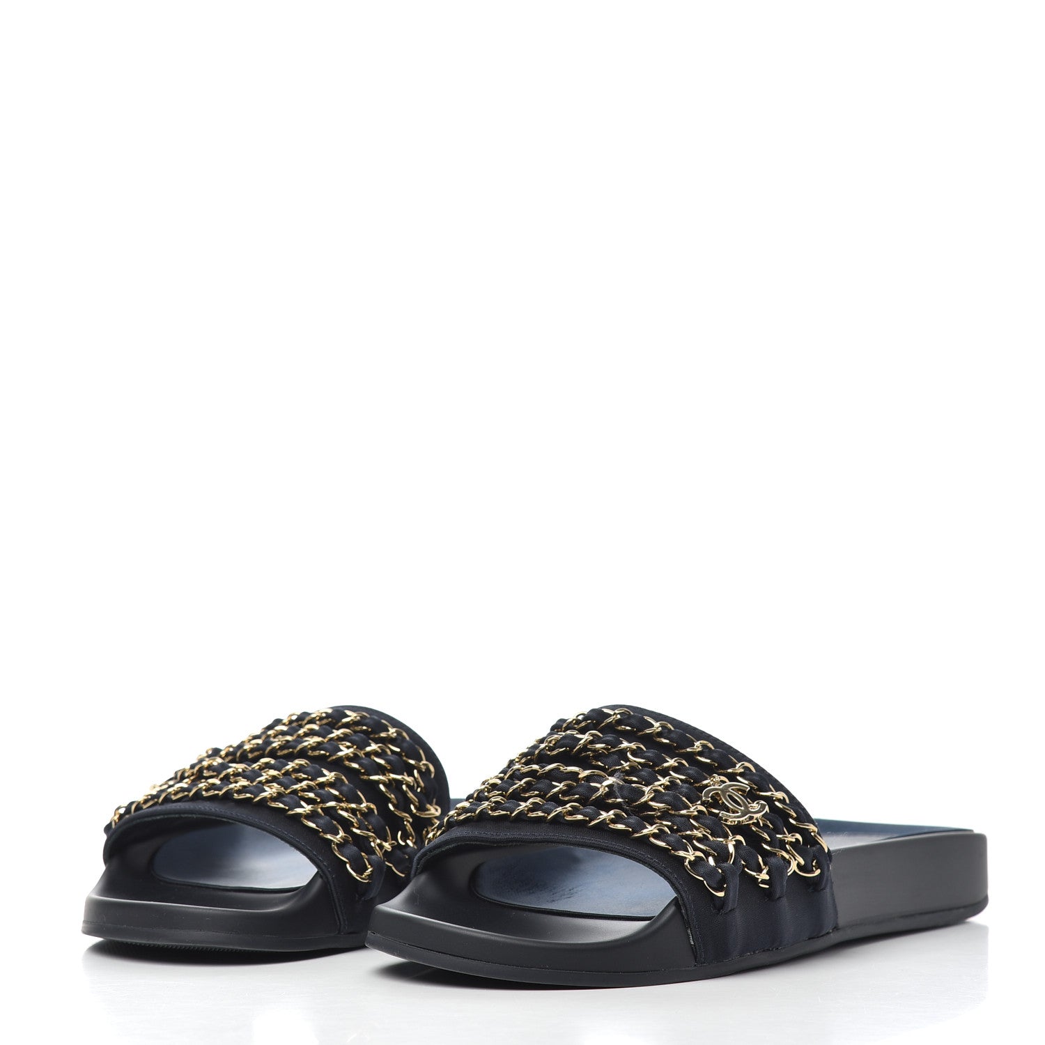 Chanel Satin Canvas Chain Slides Sandals Flats 38 Marine 3 of 13