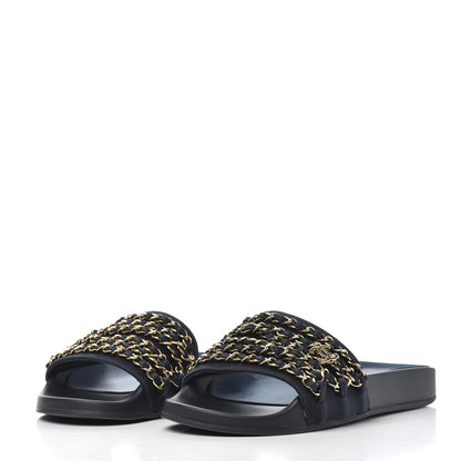 Chanel Satin Canvas Chain Slides Sandals Flats 38 Marine 3 of 13