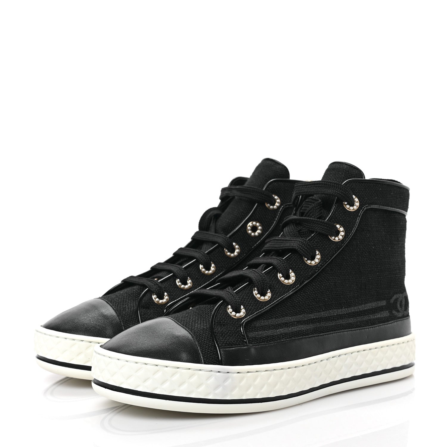 Chanel Fabric Lambskin Lace Up Cap Toe Sneakers 36.5 Black 3 of 8