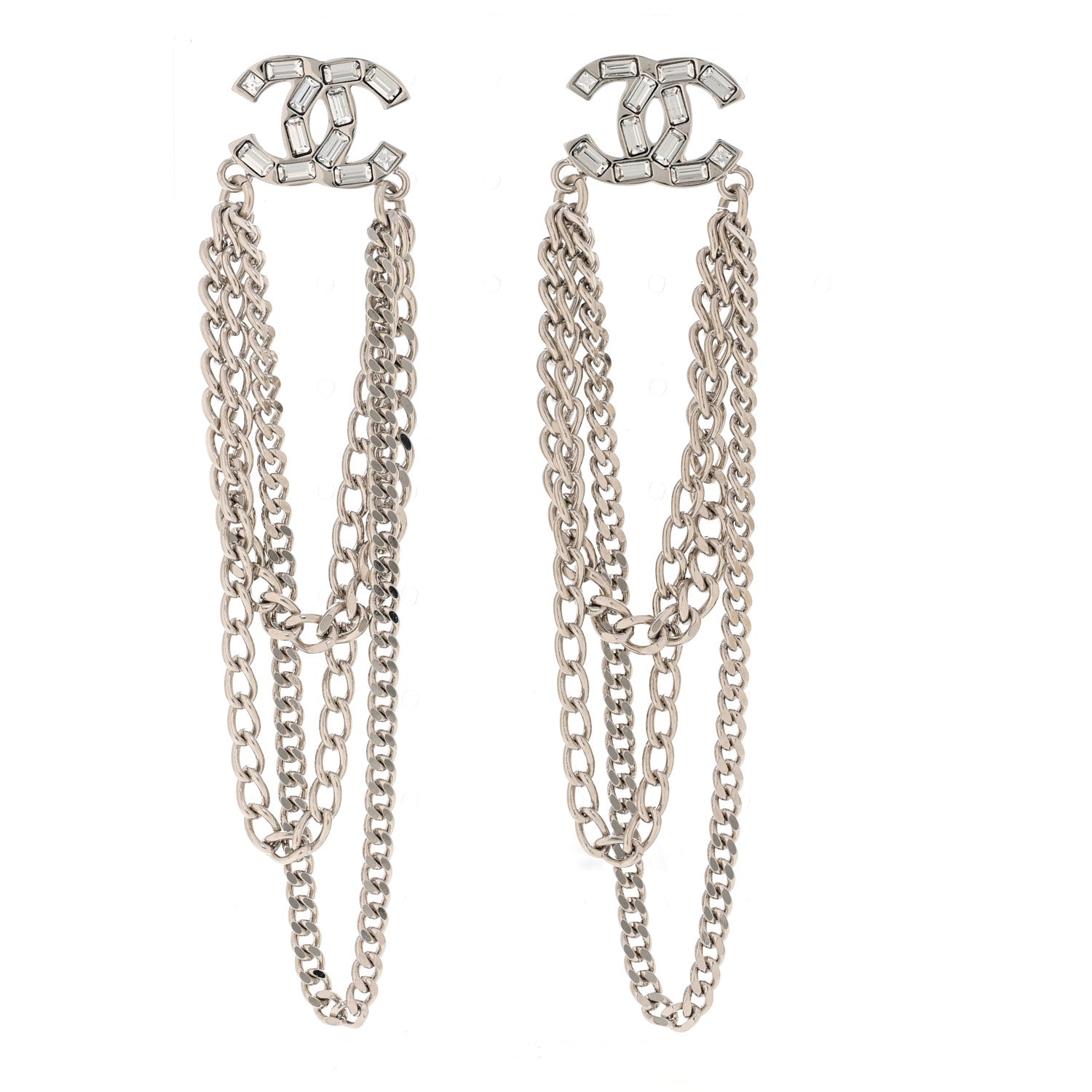 Chanel Crystal Baguette CC Chain Drop Earrings Silver 1 of 4