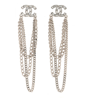 Chanel Crystal Baguette CC Chain Drop Earrings Silver 1 of 4