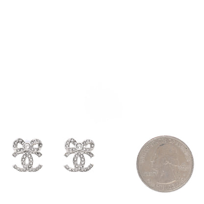 Chanel Crystal CC Bow Dangle Earrings Silver 2 of 5