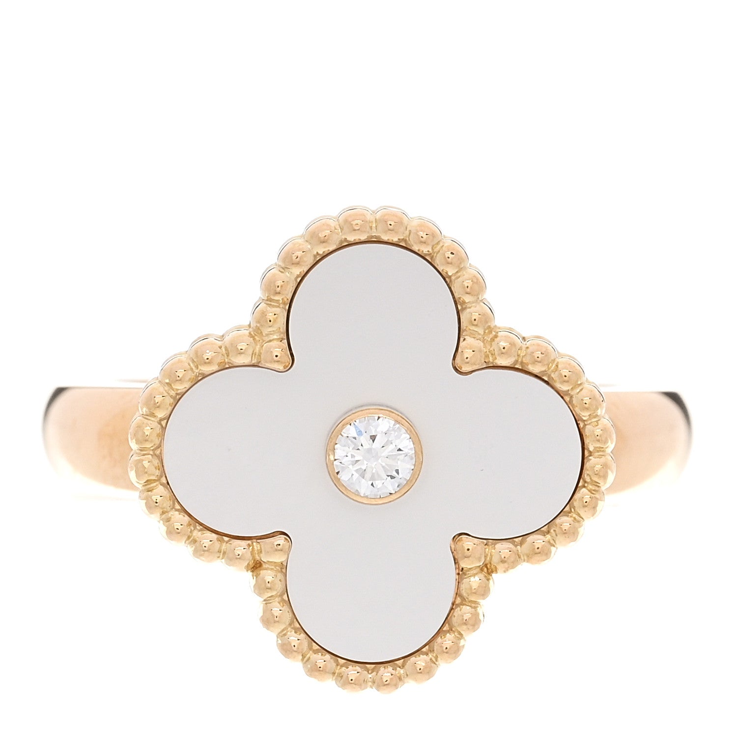 Van Cleef & Arpels 18K Yellow Gold Diamond Mother of Pearl Vintage Alhambra Ring 52 6 1 of 5