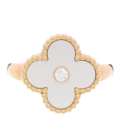 Van Cleef & Arpels 18K Yellow Gold Diamond Mother of Pearl Vintage Alhambra Ring 52 6 1 of 5