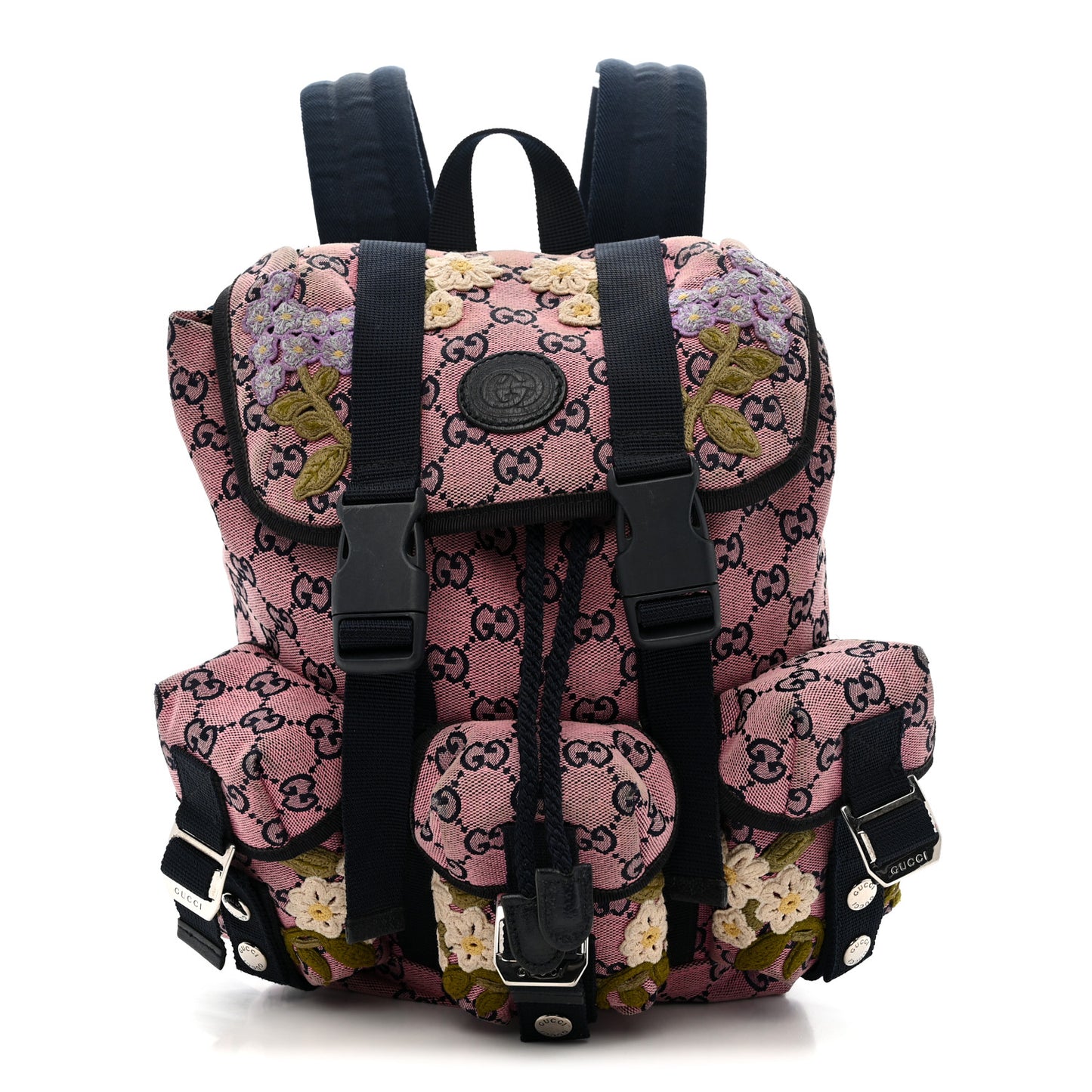 Monogram Multicolor Floral Embroidered Large Retro Interlocking G Three Pocket Backpack Pink Blue Multicolor