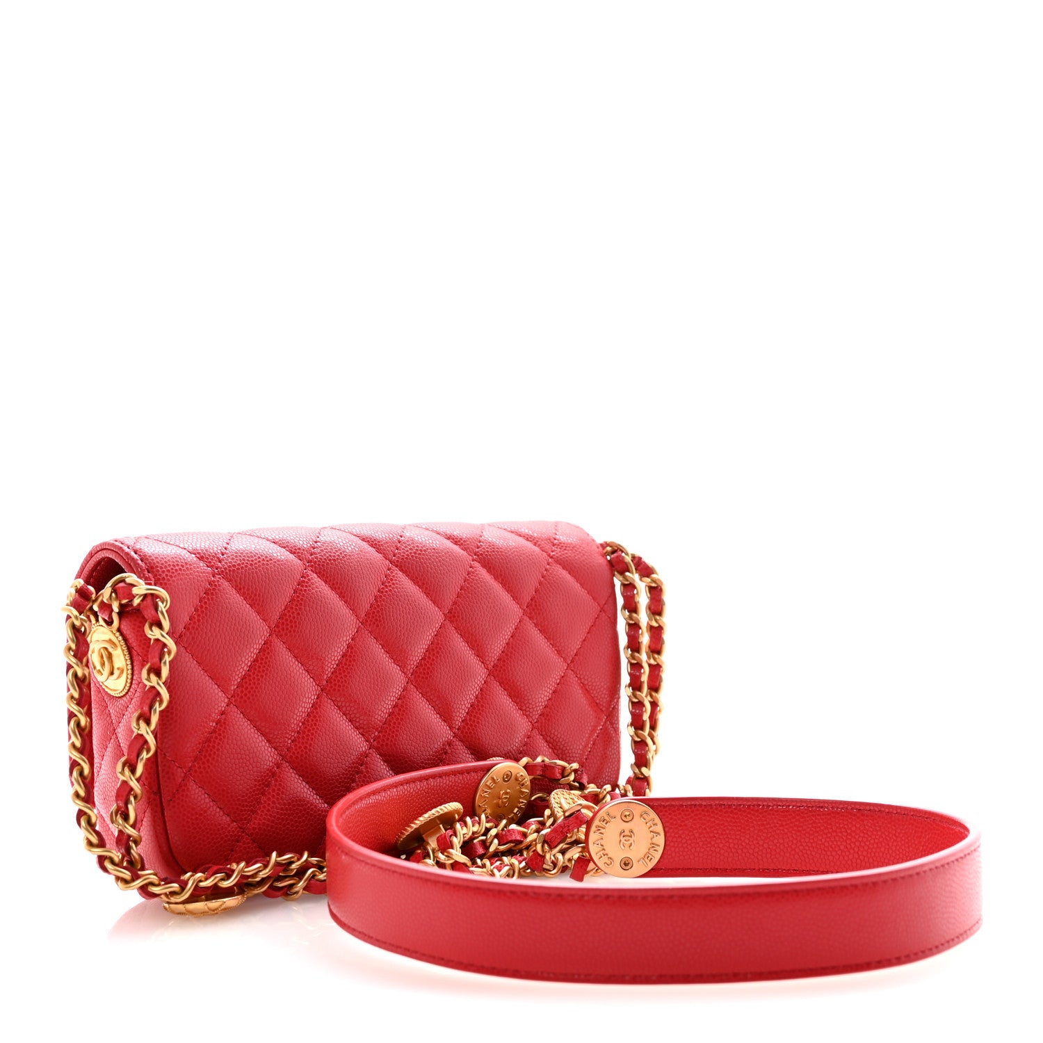 Chanel Caviar Quilted Yours Buttons Phone Holder With Chain Red 3 of 11