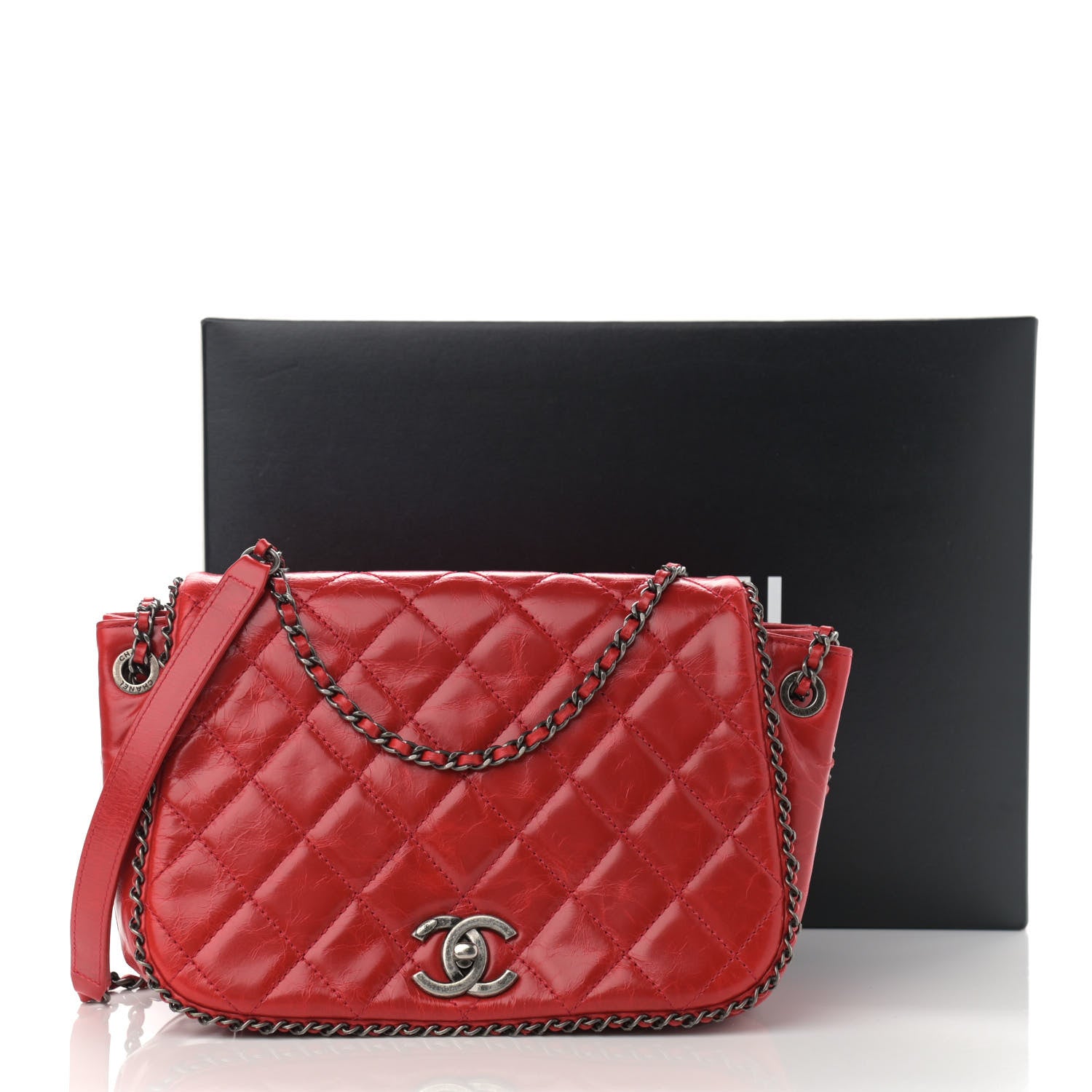 Chanel Glazed Calfskin Quilted Small CC Enchained Accordion Flap Red 10 of 10