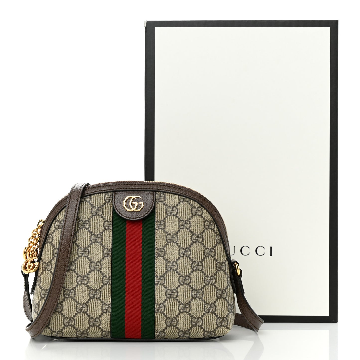 GG Supreme Monogram Textured Dollar Calfskin Web Small Ophidia Dome Shoulder Bag Beige Ebony New Acero