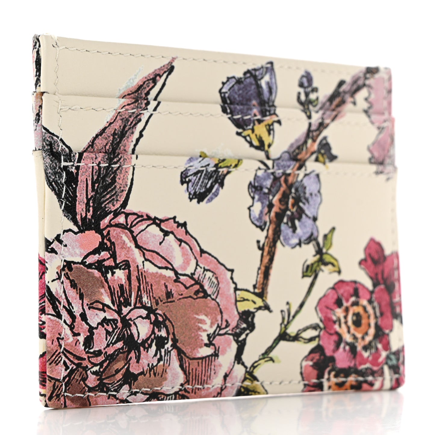 Calfskin Caro Floral Five-Slot Card Holder White Multicolor