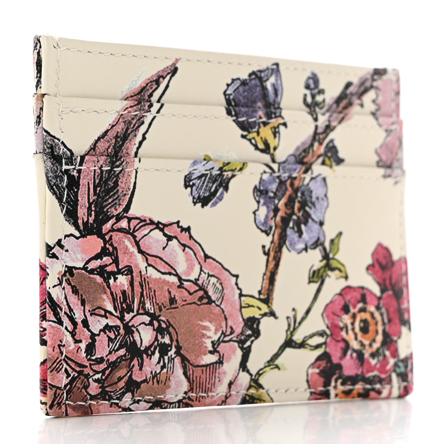 Christian Dior Calfskin Caro Floral Five-Slot Card Holder White Multicolor 3 of 9