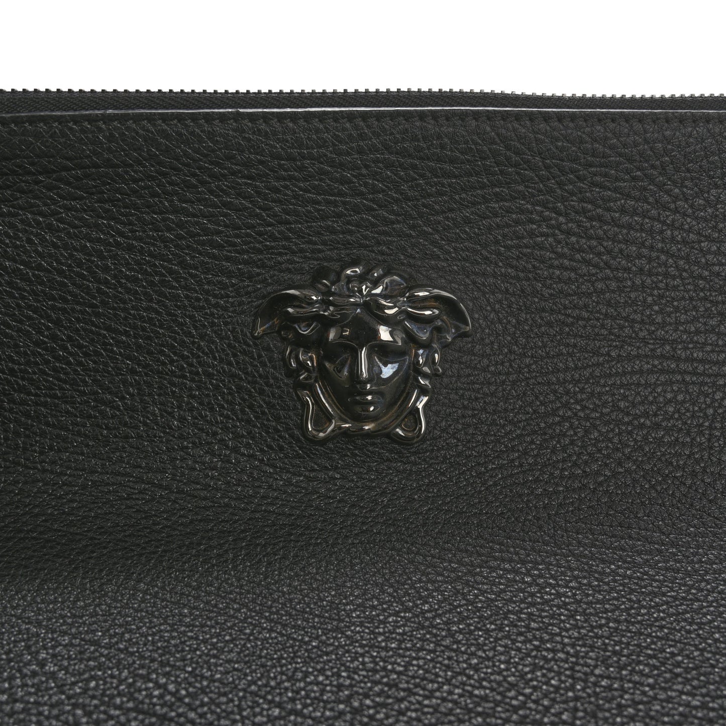 Grained Calfskin Studded Medusa Wristlet Pouch Black