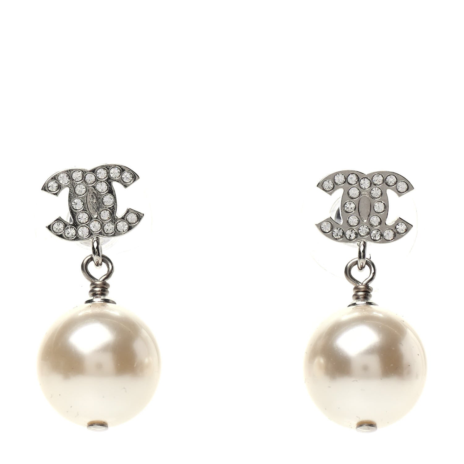Chanel Crystal Pearl CC Drop Earrings Silver Pearly White 1 of 5