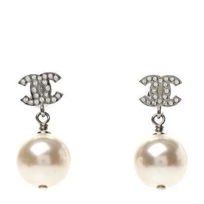Chanel Crystal Pearl CC Drop Earrings Silver Pearly White 1 of 5