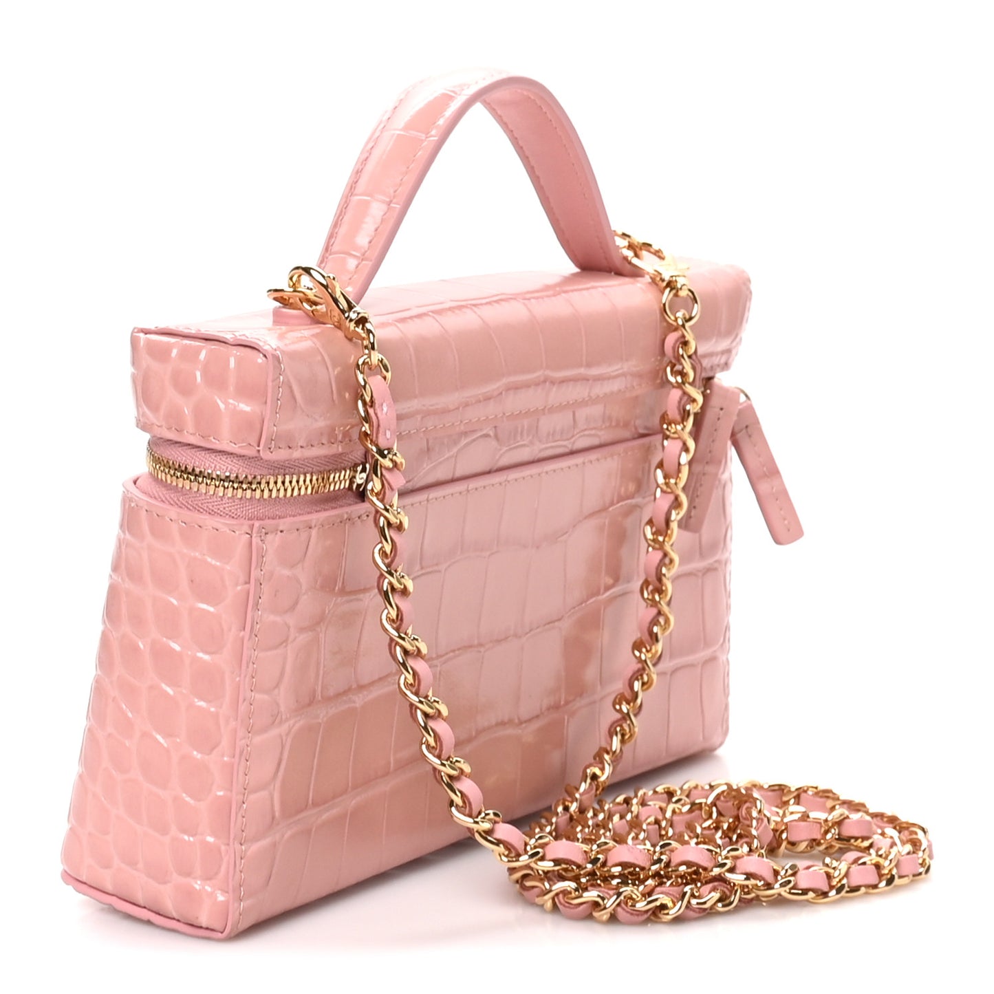 Calfskin Crocodile Embossed Crococo Top Handle Slim Vanity Case With Chain Light Pink