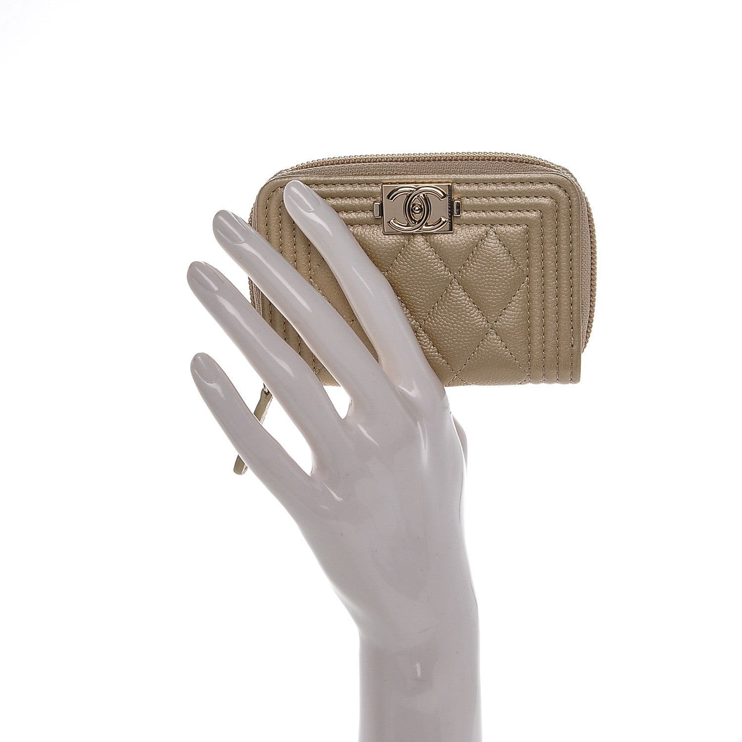 Chanel Caviar Quilted Boy Zip Around Coin Purse Wallet Light Gold 2 of 7