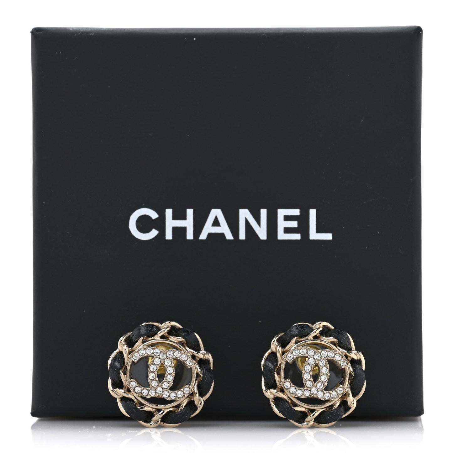 Crystal Lambskin Chain CC Stud Earrings Black Gold