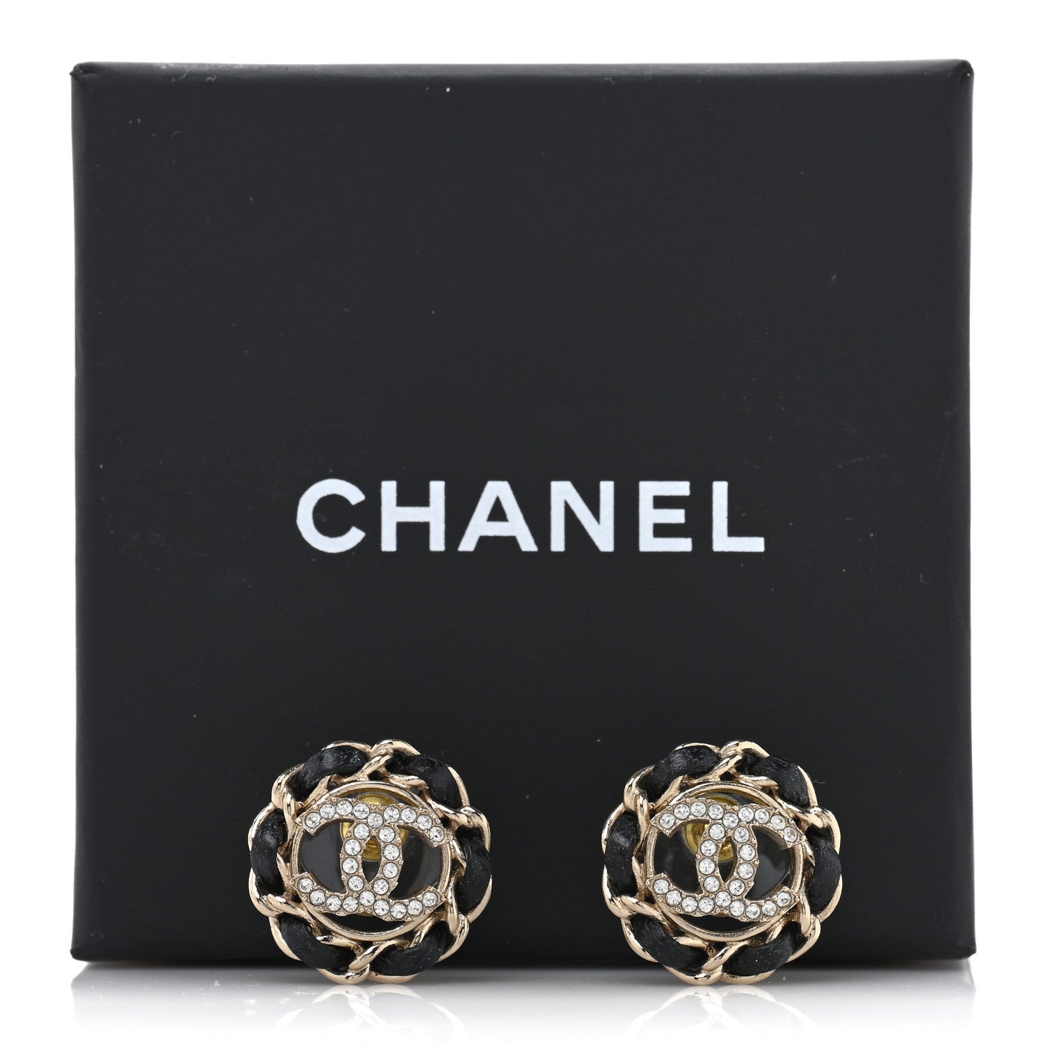 Chanel Crystal Lambskin Chain CC Stud Earrings Black Gold 5 of 5