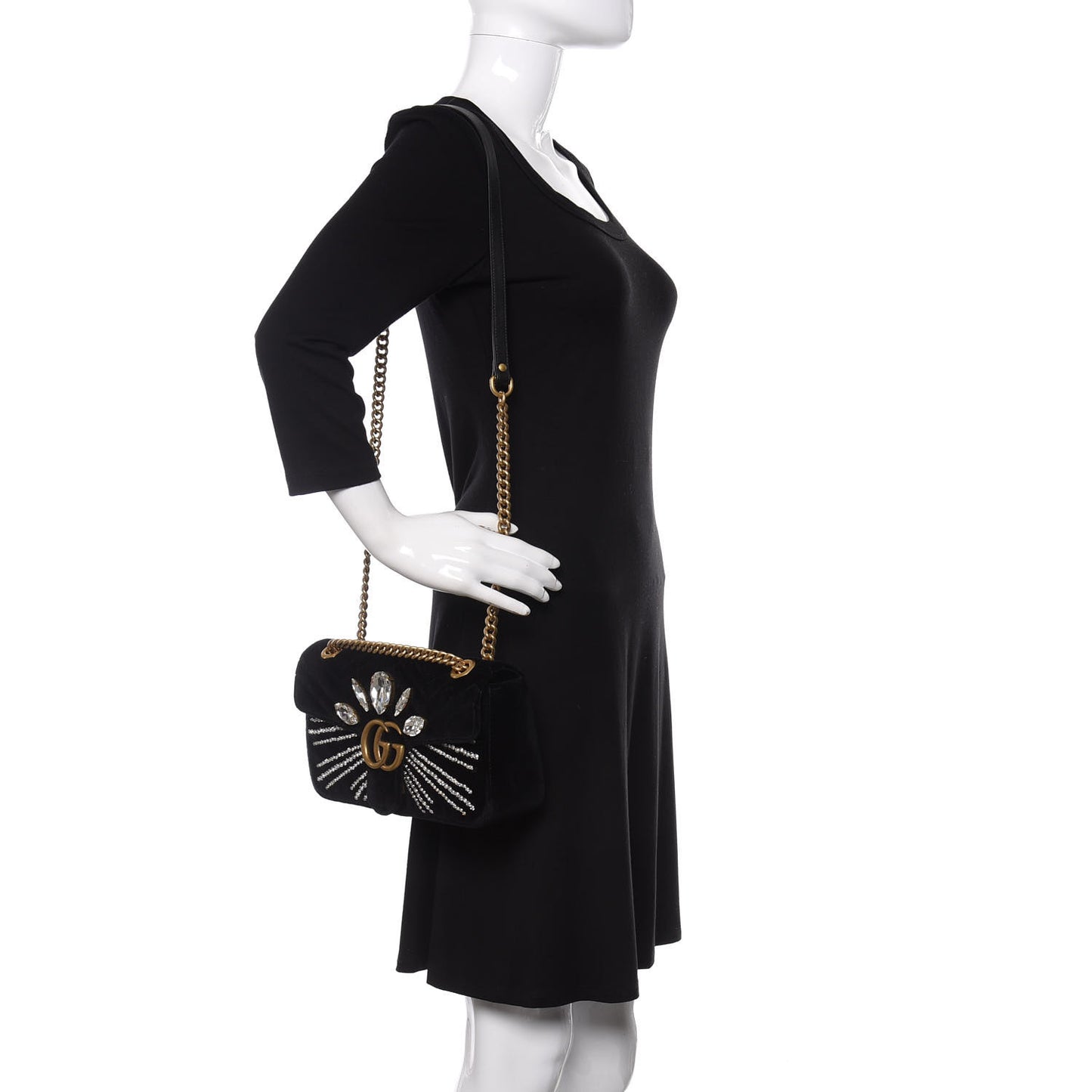 Velvet Matelasse Marquise Crystals Embroidered Small GG Marmont Shoulder Bag Black