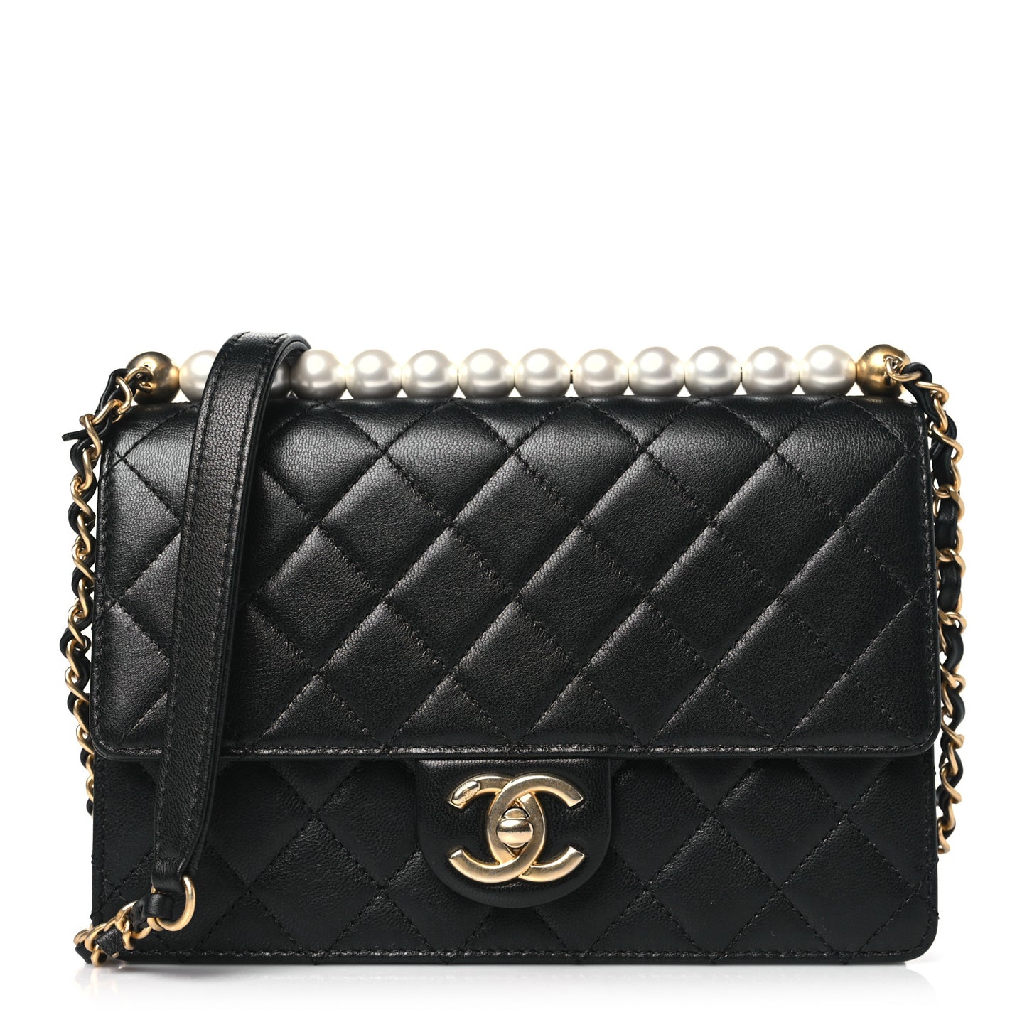 Lambskin Quilted Small Chic Pearls Flap Black