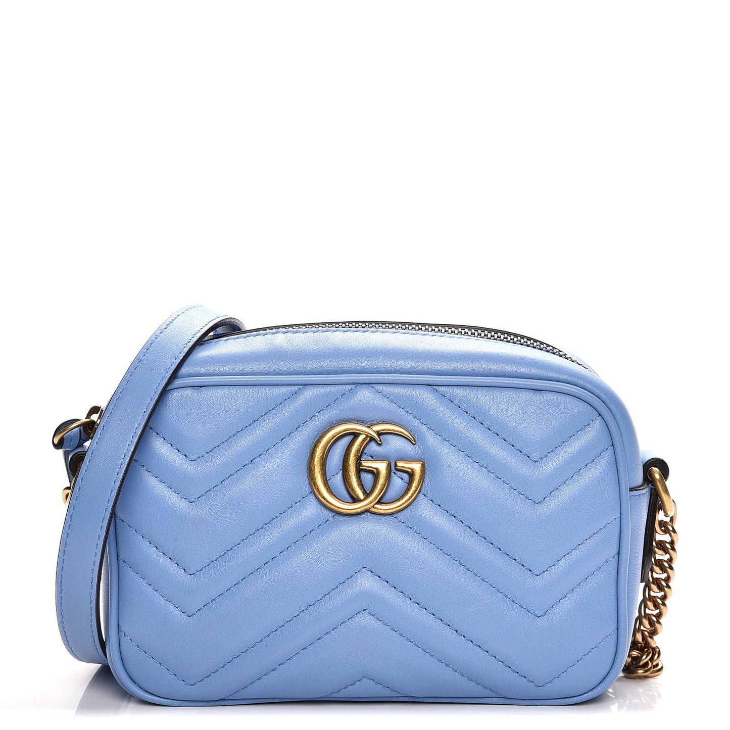 Calfskin Matelasse Mini GG Marmont Chain Shoulder Bag Clear Sky Blue