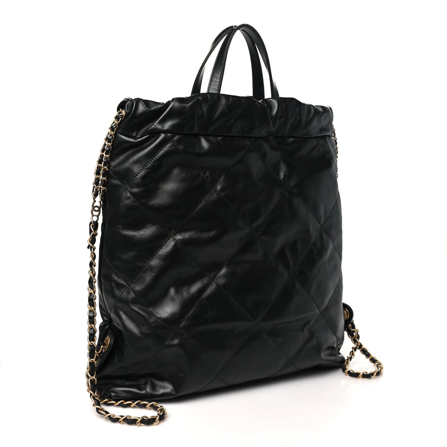 Shiny Calfskin Quilted Chanel 22 Backpack Black