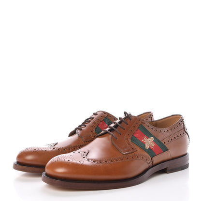 Gucci Calfskin Web Bee Embroidered Mens Lace Up Brogue Wingtip Derby Shoes 8 Cuir 3 of 7