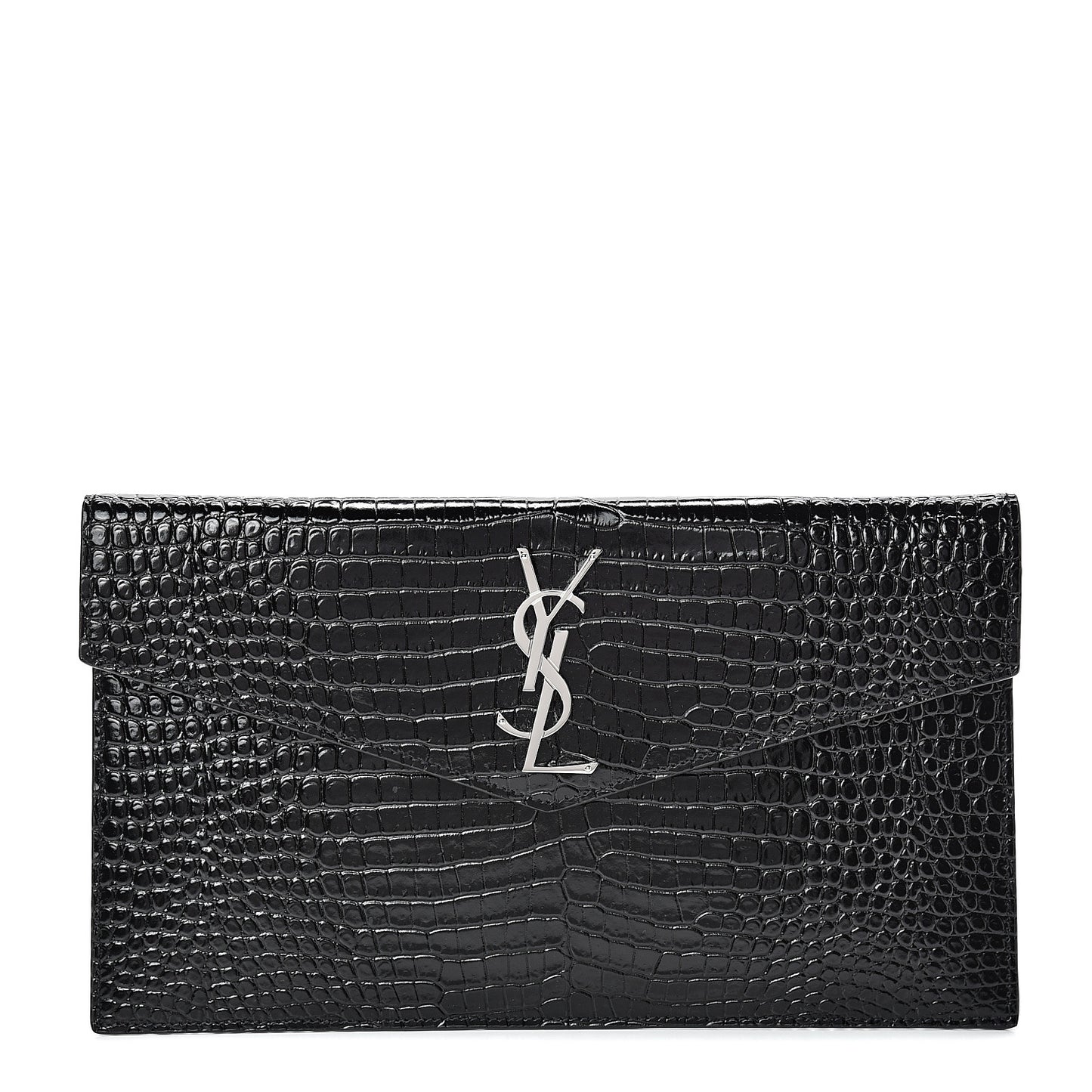 Calfskin Crocodile Embossed Uptown Monogram Clutch Black