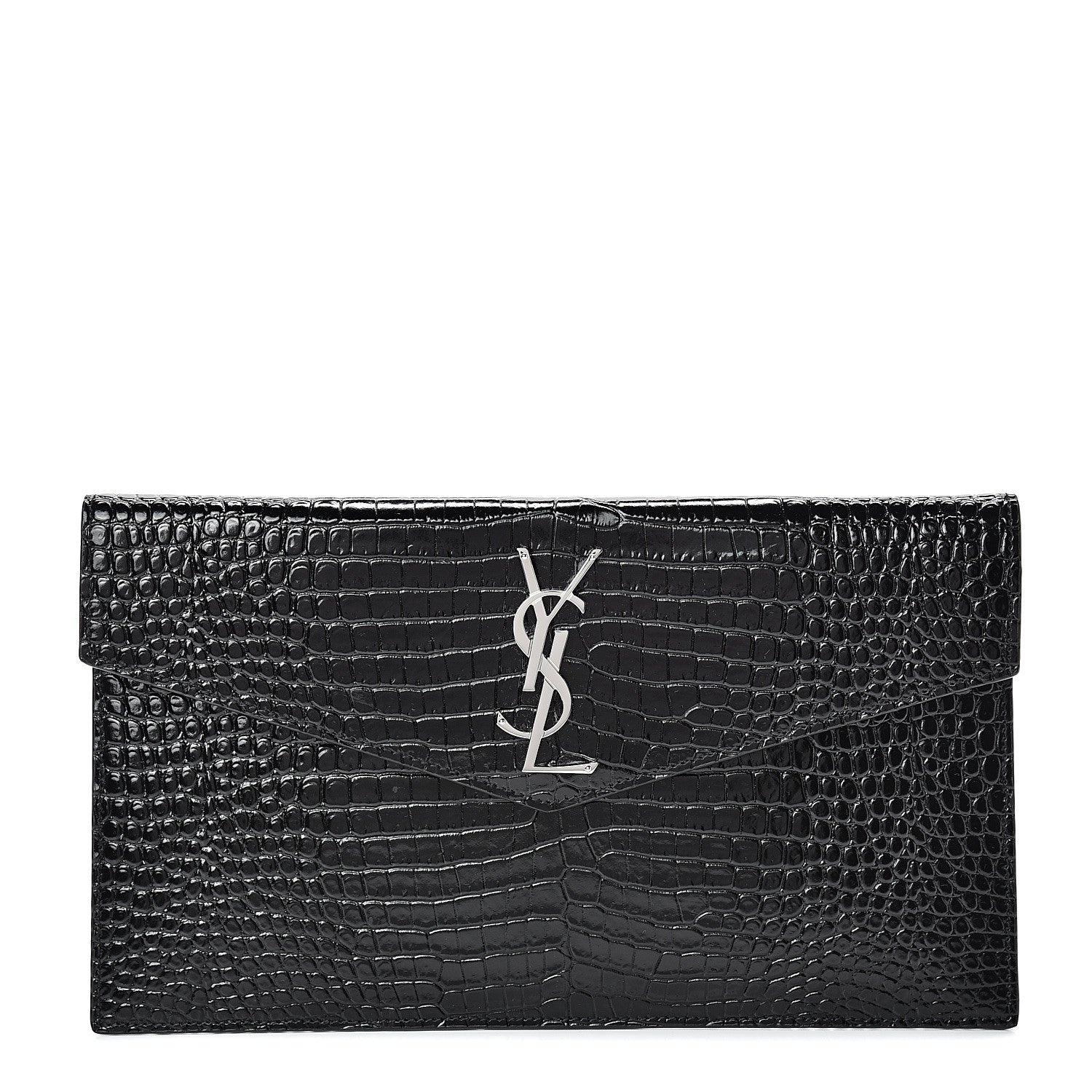 Saint Laurent Calfskin Crocodile Embossed Uptown Monogram Clutch Black 1 of 7