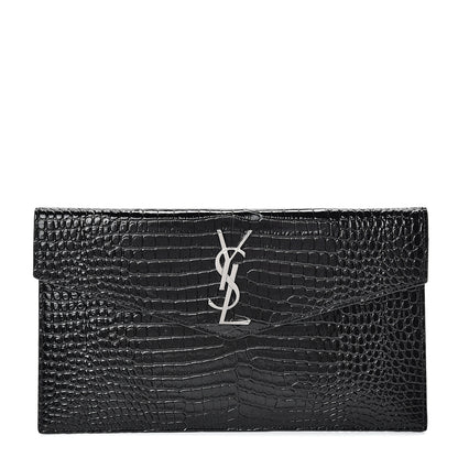 Saint Laurent Calfskin Crocodile Embossed Uptown Monogram Clutch Black 1 of 7