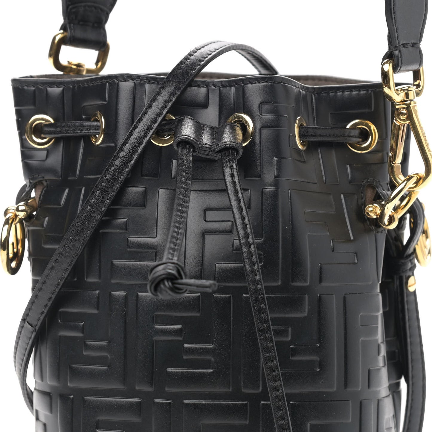 Vitello Liberty F is Fendi FF 1974 Embossed Mini Mon Tresor Bucket Bag Black