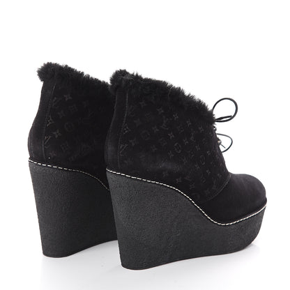 Louis Vuitton Suede Embossed Monogram Frosty Wedge Low Boots 37 Black 4 of 8