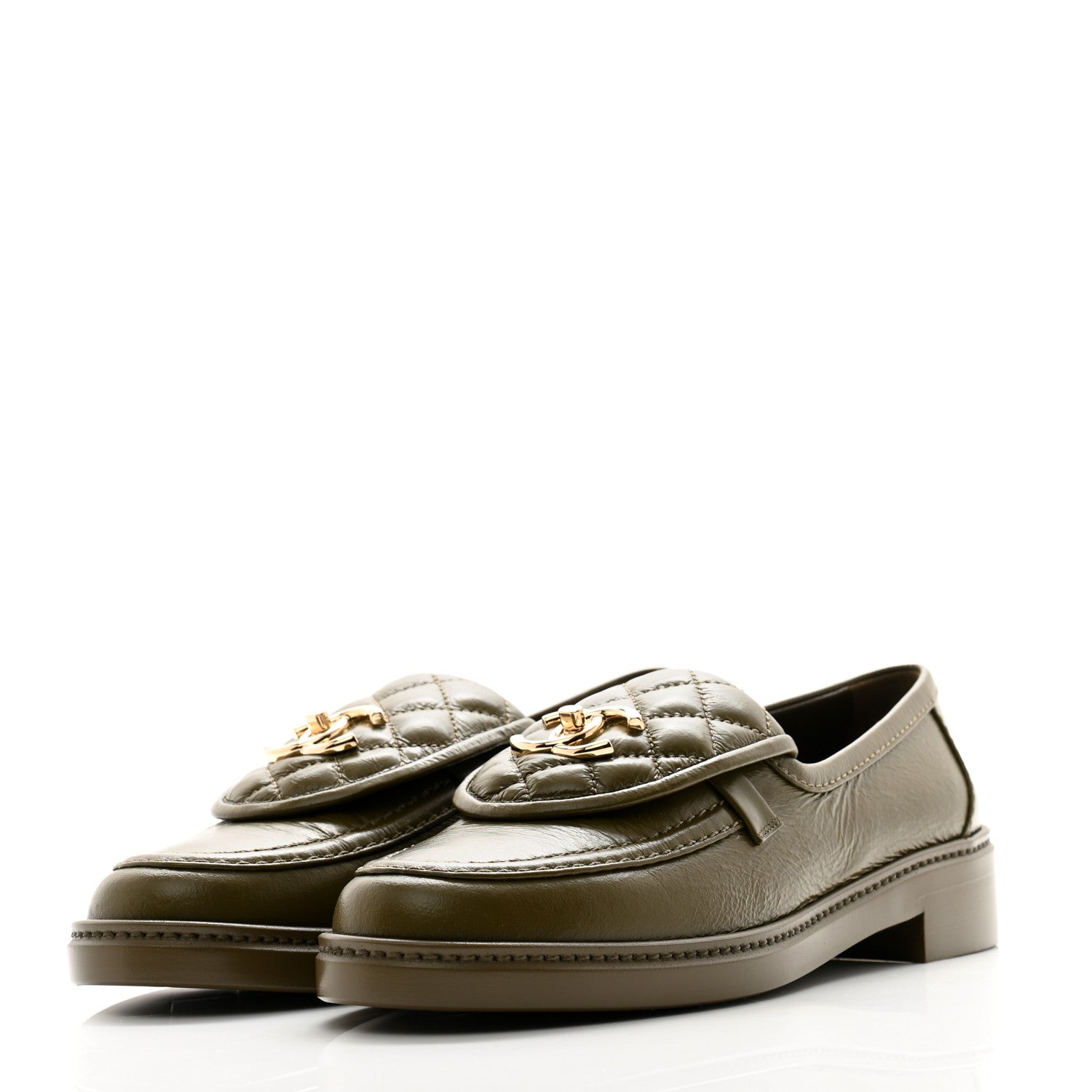 Chanel Shiny Crumpled Lambskin Quilted CC Turnlock Moccasins 38 Khaki 3 of 10