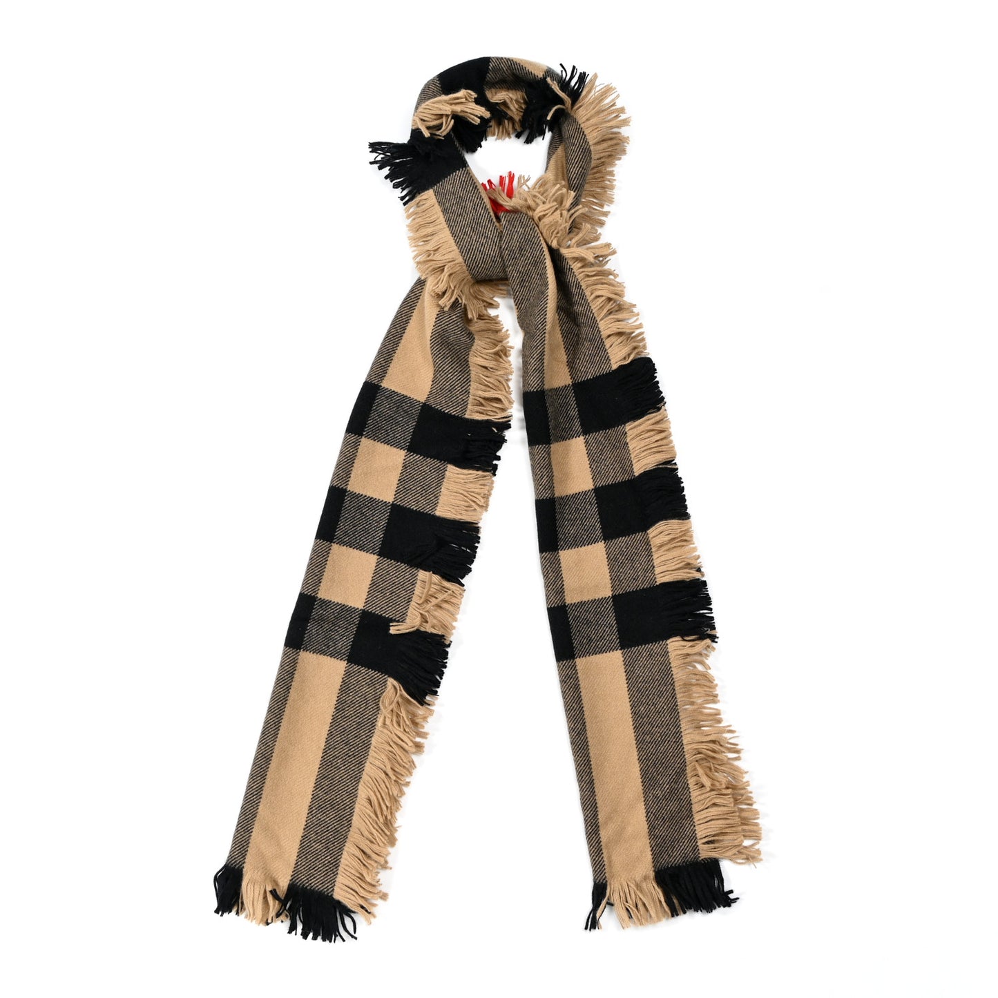 Wool Half Mega Check Fringe Scarf Camel