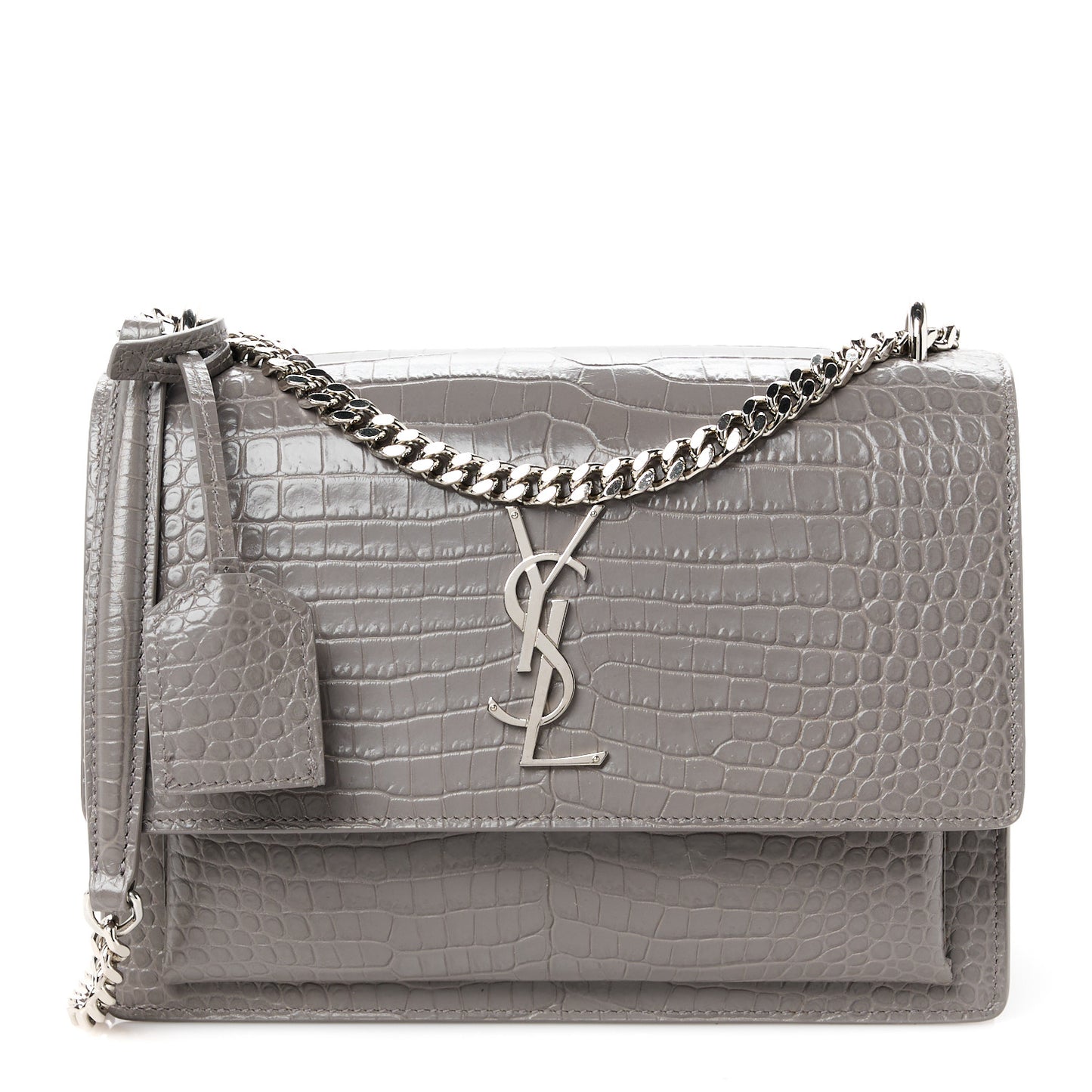 Calfskin Crocodile Embossed Medium Monogram Sunset Fog