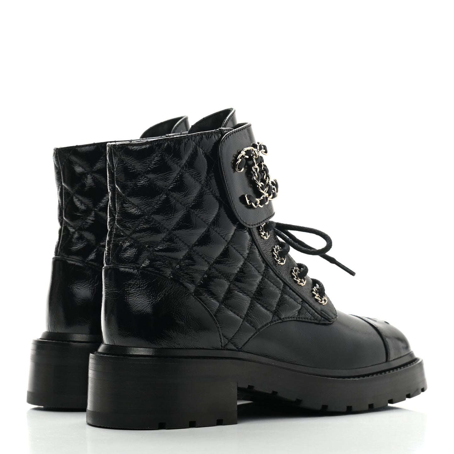 Shiny Calfskin Quilted Lace Up Combat Boots 36 Black