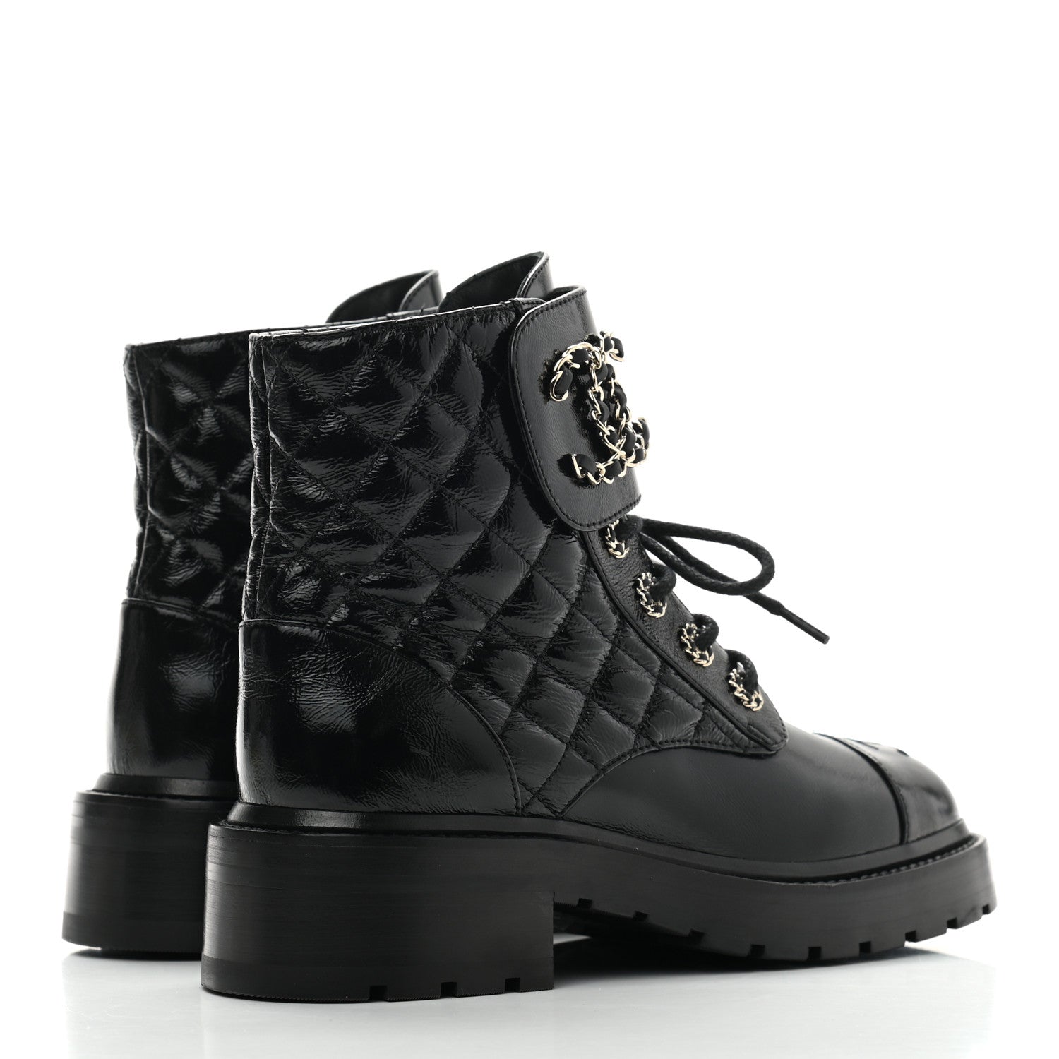 Chanel Shiny Calfskin Quilted Lace Up Combat Boots 36 Black 4 of 7