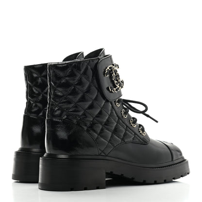 Chanel Shiny Calfskin Quilted Lace Up Combat Boots 36 Black 4 of 7