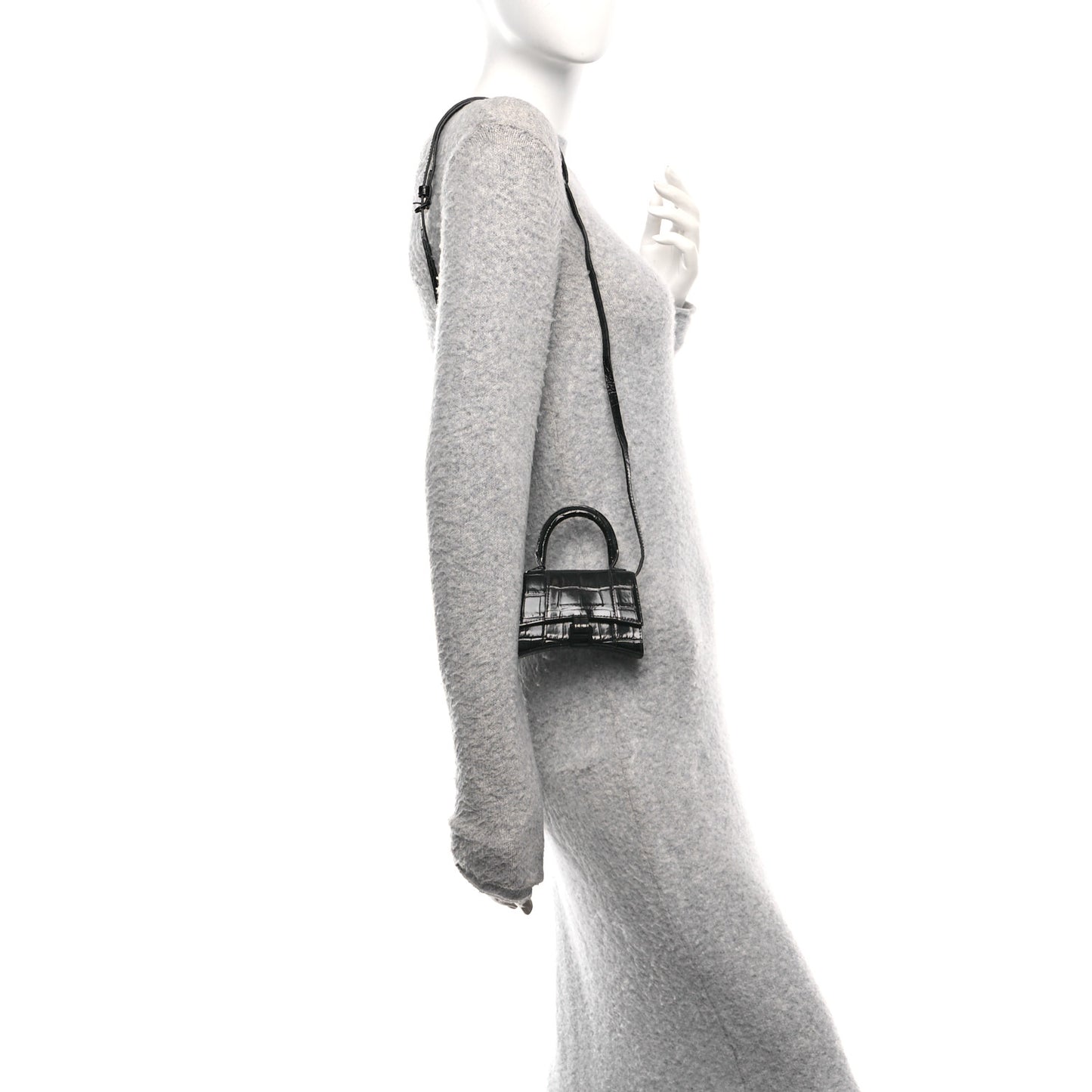 Shiny Calfskin Monochrome Crocodile Embossed Hourglass Top Handle Bag Mini Black