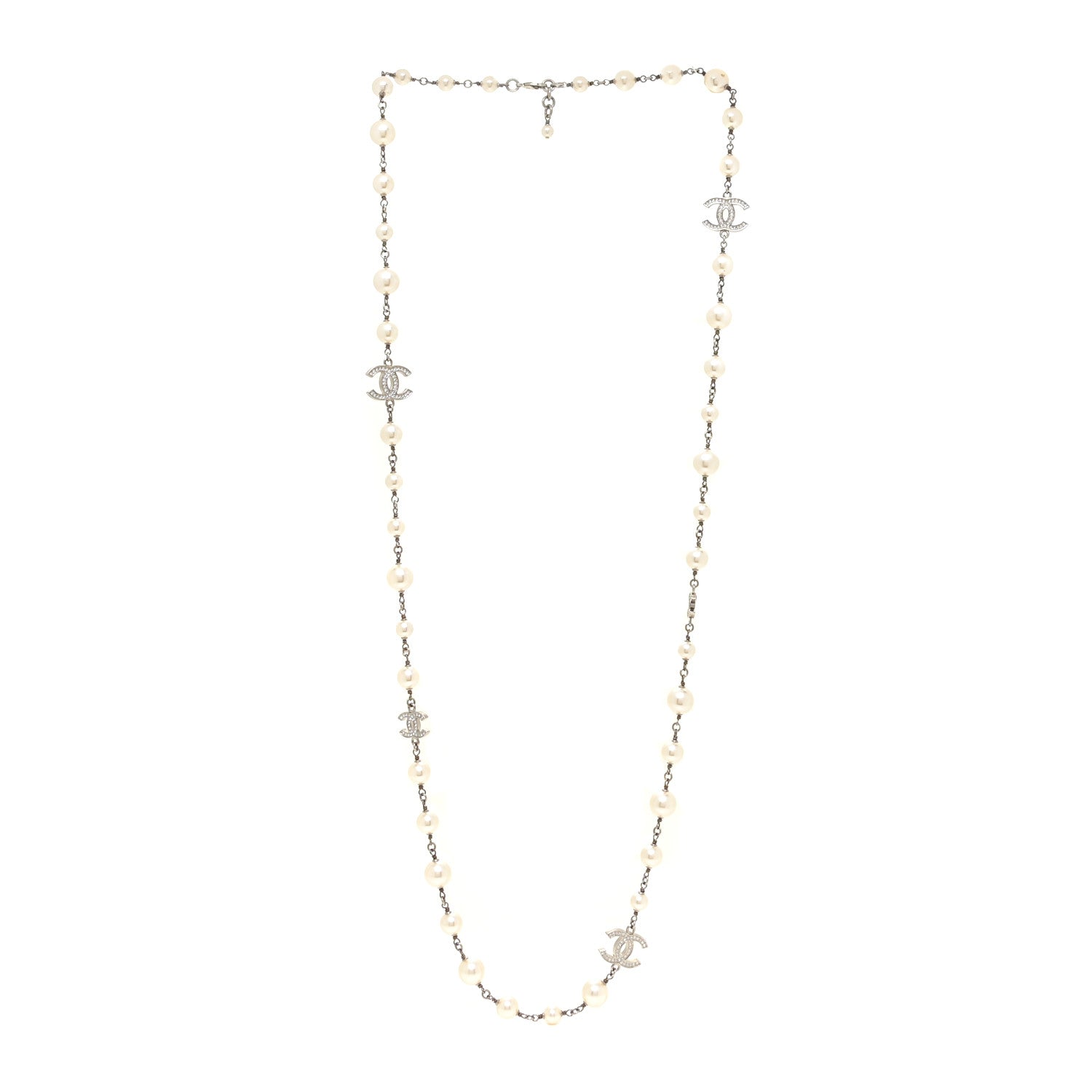 Chanel Crystal Pearl CC Long Necklace Silver 3 of 4