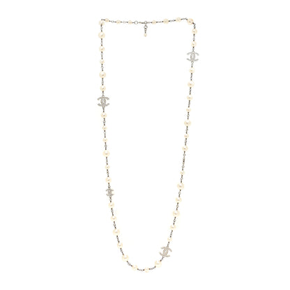 Chanel Crystal Pearl CC Long Necklace Silver 3 of 4