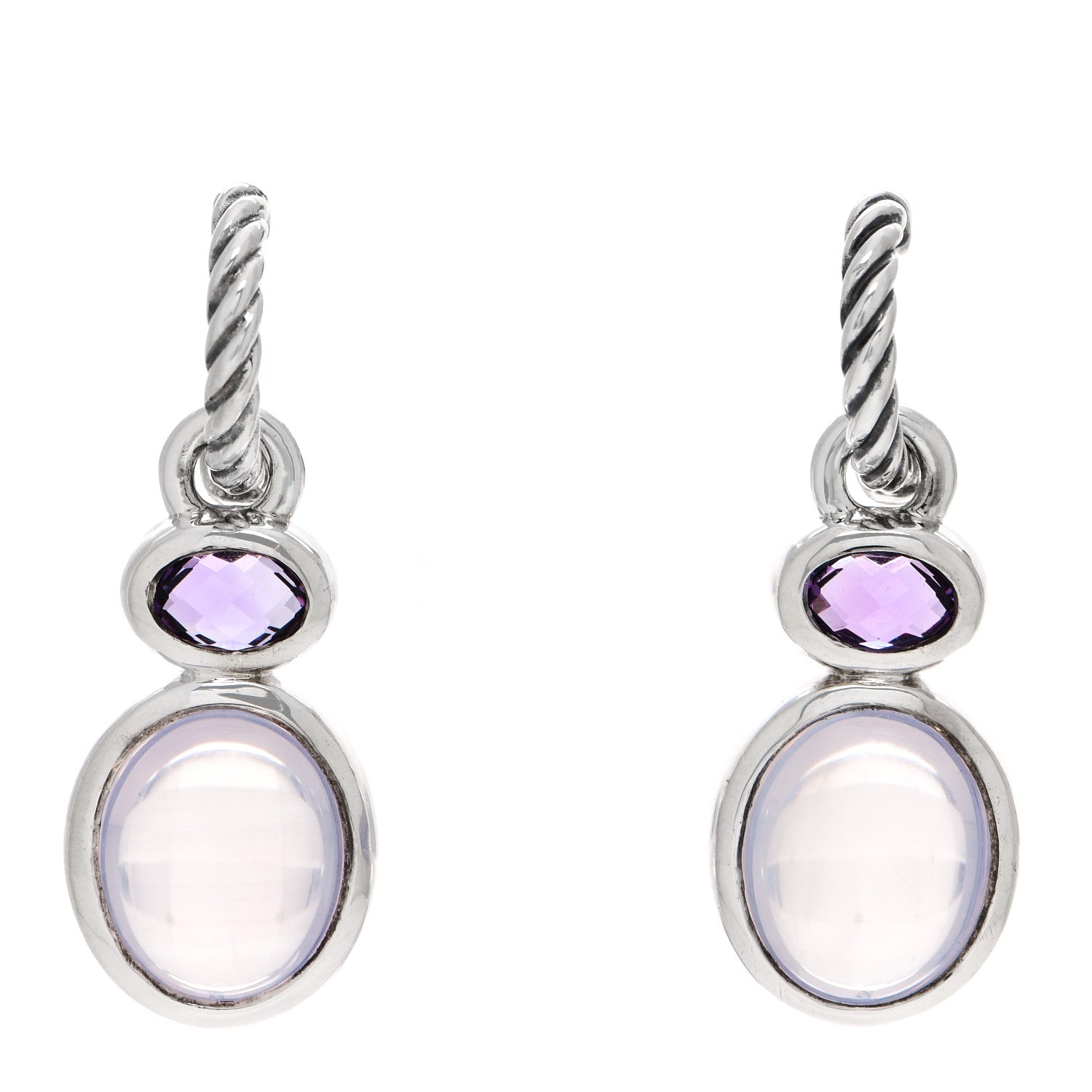 David Yurman Sterling Silver Moon Quartz Amethyst Cable Drop Earrings 1 of 6